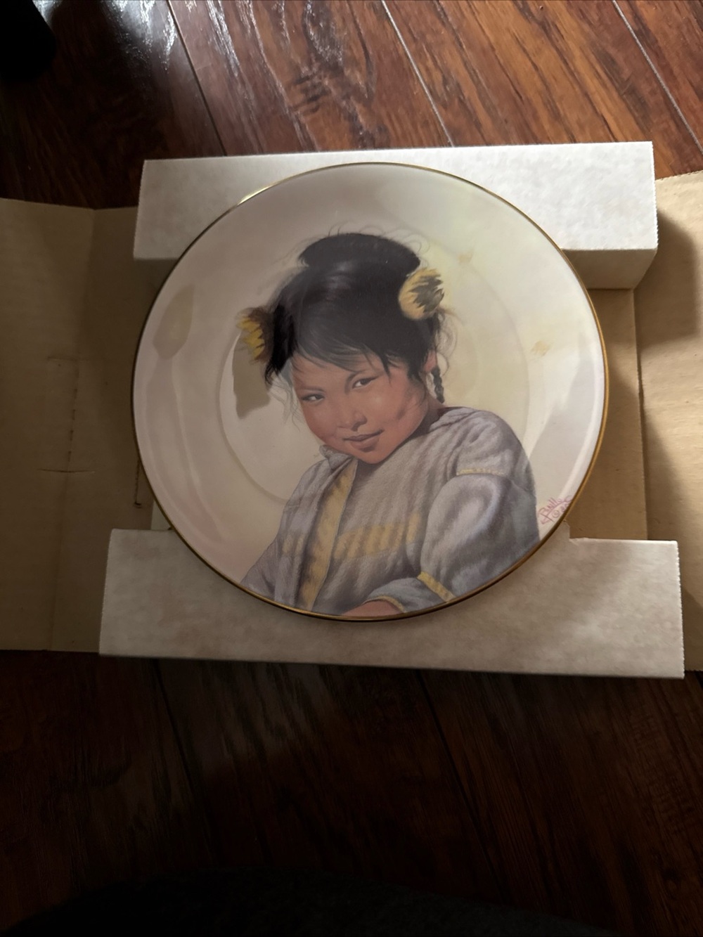 Decorative Porcelain Plate with Girl Portrait - White and Gold Accent